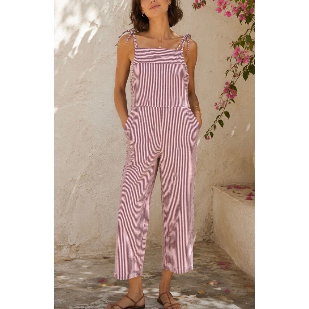 Striped Tie-Shoulder Jumpsuit in Pink